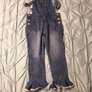 Denim crop ruffle hem overalls